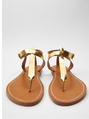 Zara Gold T-Strap Leather Sandals, 9/40